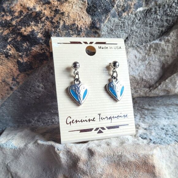 Jewelry - New! Genuine Turquoise Heart Engraved Dangle Earrings